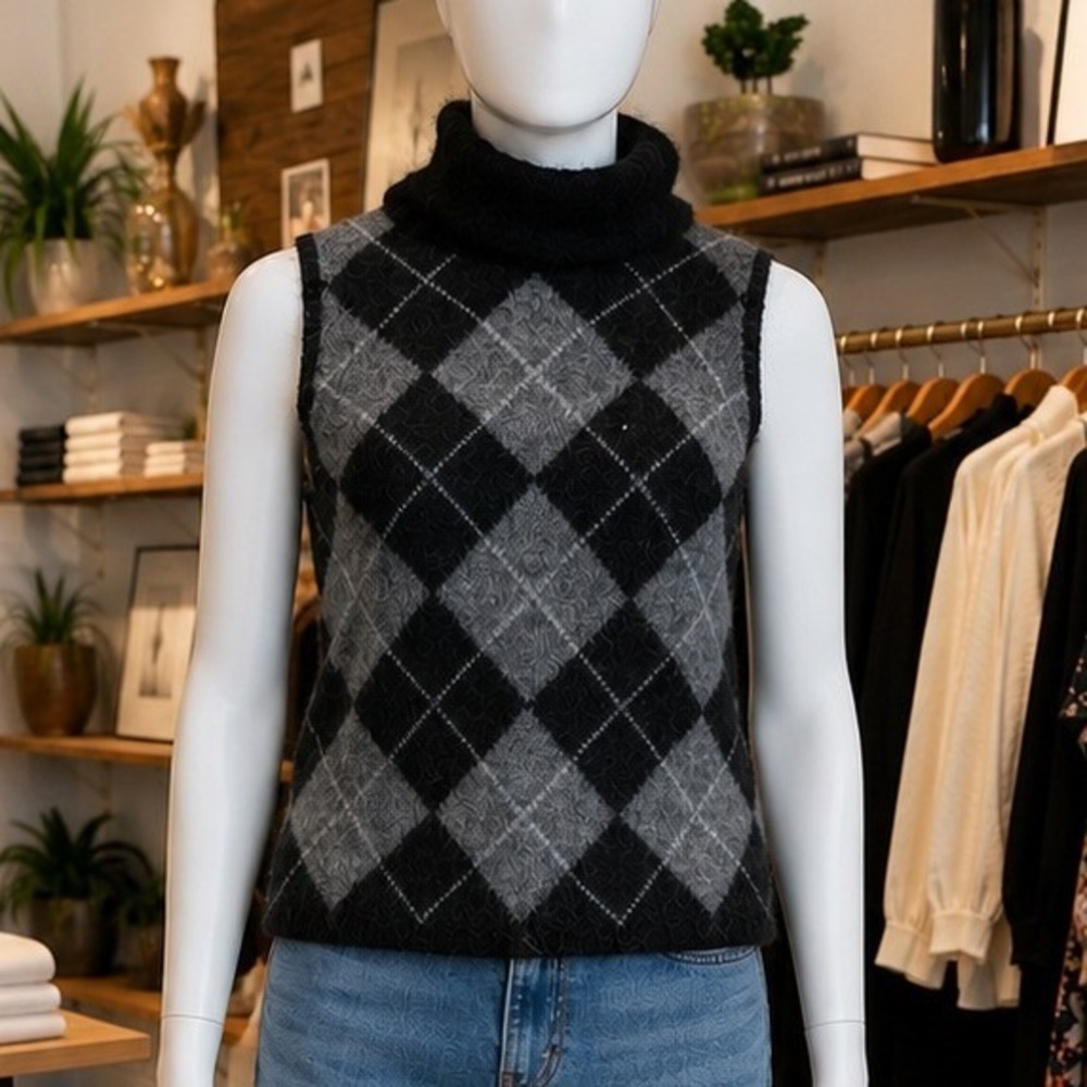H&M Edition Womens Sweater Vest Argyle Mohair Blend Tie Neck Black M